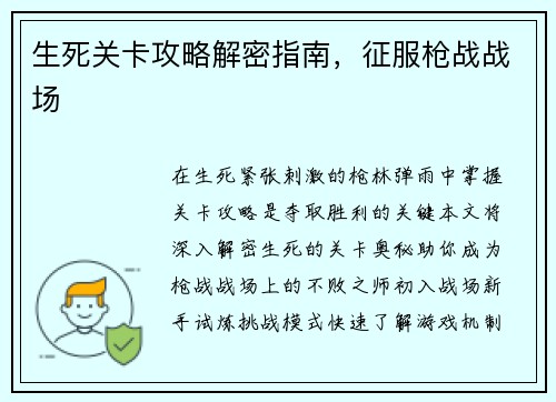 生死关卡攻略解密指南，征服枪战战场