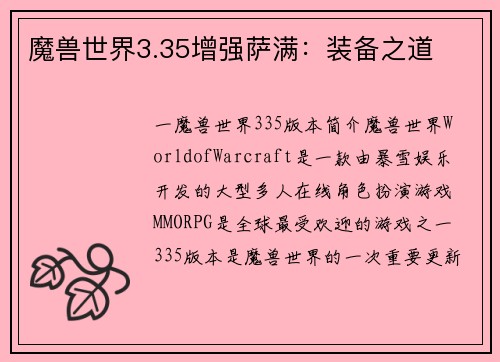 魔兽世界3.35增强萨满：装备之道