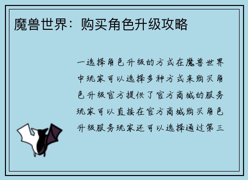 魔兽世界：购买角色升级攻略
