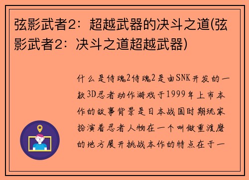 弦影武者2：超越武器的决斗之道(弦影武者2：决斗之道超越武器)